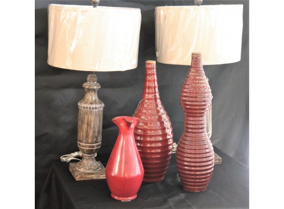 Pair Of Beautiful Agliano Table Lamps & Tall Decorative Cranberry Colored Dong Nam Bottles By Interlude