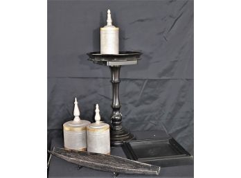 Pedestal Table, Metal Canister Decor, Wood Tray Set & Metal Wire Basket By Crestview Collection