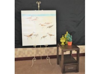 'Sandpipers' Beach Artwork On Ornate Wrought Iron Easel & Side Table With Self Closing Drawers