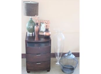 Bowfront Nightstand/End Table With USB Charging Station Includes A Lamp With Velvet Like Shade Decorative