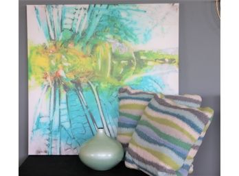 Large Dragonfly Wall Art With Fun Colored Striped Pillows & Pretty Dongnam Style Vases