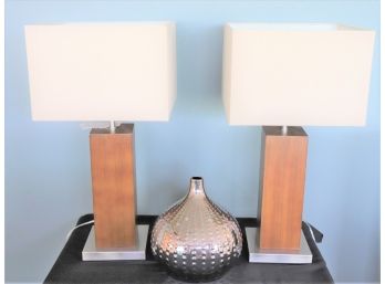 Pair Of Contemporary Table Lamps With Square Shades & Large Round Silver Urch Vase