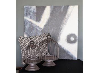 Large Blk/Whit Wall Decor, Decorative Pillow , Large Decorative Bird Cage & Candle Holders