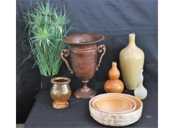 Shell Style Bowls, Rustic Brass Urn, Decorative Vases , Yellow Bottle From Modulus & Crackle Finish Lantern