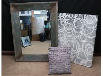 Large Heavy Wood Wall Mirror With A Distressed Finish By Creative Co-Op, Vinyl Wall Art & Pillows