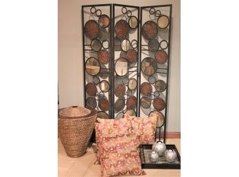 Mirrored Wall Screen With Large Decorative Asian Style Basket Includes Pillows & Lacquered Tray