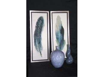101.Pretty Feather Prints In Silver Finished Frame, Midnight Marble Vase & Interlude Scandiano Vase