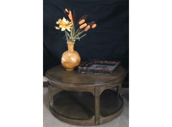 Round Wood Coffee Table Set Includes Crackle Finish Crock Jar With Lid & Table Tray Set, Paula Lamp From
