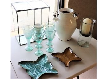 Green Glass Bubble Wine Glasses, Butterfly Plates, Metal Frame Glass Box, Crackle Pottery Vase/Distressed Fini