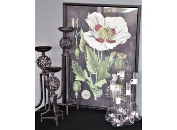 Pretty Floral Wall Art In A Distressed Frame, Metal Candle Pillars & Glass Beaker Style Candle Holders