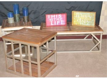 Reclaimed Style Wood Cocktail Table On A Metal Frame & 2 Side Tables With Glass Shelves & Decor Included