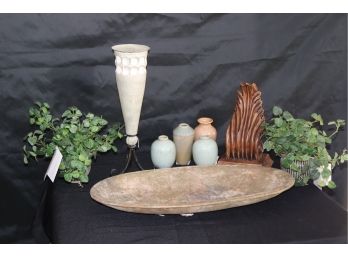 Large Decorative Bread Basket, Mini Vases, Tall Candle Pillar & Wood Wall Sconce