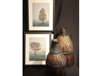 Pretty Pair Of Tree Prints, Includes Tall Woven Rattan Style Vases