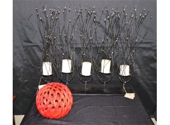 Long Votive Candle Holder With Metal Branches & Pierced Red Orb Decor
