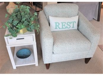 Rest Comfortably - Gorgeous Teal & Grey Contemporary Side Chair With A White Washed End Table, Lamp & Pillow