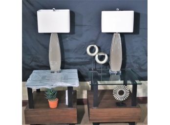 2 Modern Cube End Tables Metal/Glass/Wood With Beautiful Michalla Table Lamps On Lucite Base Decor Includ