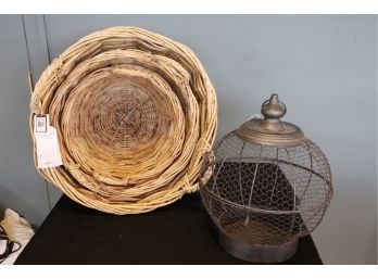 Set Of 3 Large Rattan Baskets & Hanging Lantern
