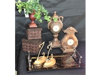 Decorative Venezia Style Clocks, Crackle Finish Tray, Bookends & Decorative Boxes