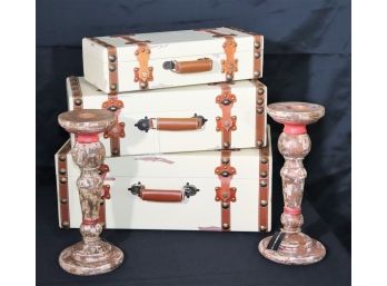 Antique Style Ivory Colored Trunk Decor With Straps/Nail Head Detail & Tall Candle Pillars By Creative Co-Op