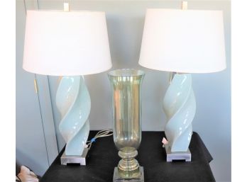 Pair Of Gorgeous Crackle Finish Girata Table Lamps With A Unique Curvy Twist & Large Glass Vase