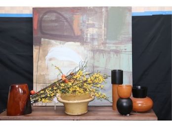 Cavalcade II By Ross Lindsay Signed & Numbered Vinyl Print And Decorative Vases With Faux Flowers-, Wood