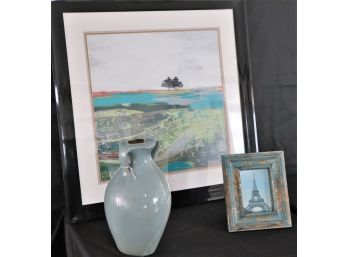 Landscape Print In A Sleek Black Matted Frame, Picture Frame 5x7distressed Finish & Pitcher Style Vase