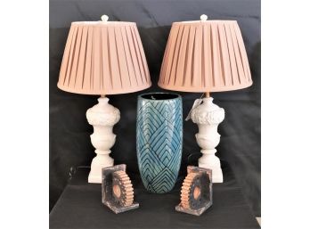 Beautiful Table Lamps With Pleated Shades, Bookends & Gorgeous Blue Ceramic Umbrella Holder