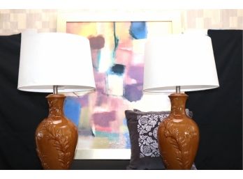 Beautiful Crackle Finish Table Lamp, Pillows, Large Giclee In Gold Tone Frame