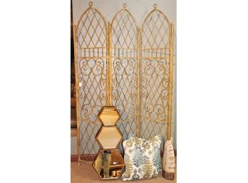 Heavy Ornate Wrought Iron Indian Style Screen With Pillows. 3-Piece Mirror Set & Tall Crackle Finish Vase