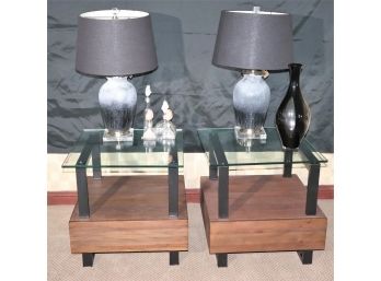 Modern Cube End Tables Metal/Glass/Wood With Contemporary Dionne Table Lamps On Lucite Base - Decor Inclu