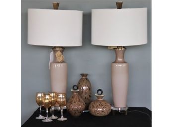 2 Beautiful Table Lamps Pretty Beige Colors & Hand-Crafted Artisan Bottles, Includes 4 Wine Glasses