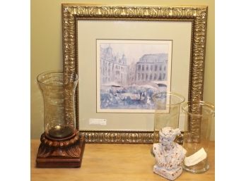 Travelers Journey' Framed Print In An Antique Style Frame, Includes 3 Hurricane Style Candle Lanterns