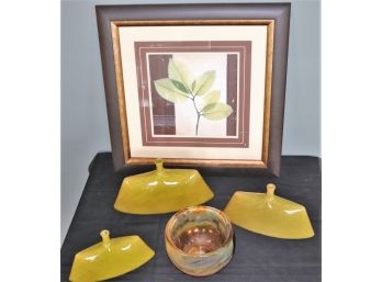 Leaf Print In A Gold & Black Matted Frame, Decorative Vase Set & Environ Art Glass Bowl