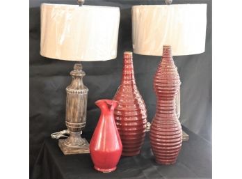 Pair Of Beautiful Agliano Table Lamps & Tall Decorative Cranberry Colored Dong Nam Bottles By Interlude