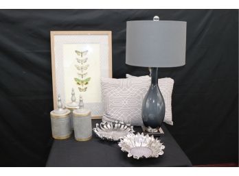 Assorted Collection Includes Matted Paquet Butterfly Print, Lamp, Pillows & 2 Wall Flowers