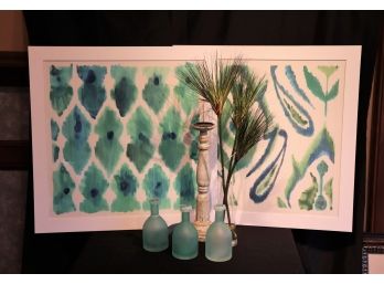 Pair Of Pretty Prints With Decorative Frosted Bottles & Candle Pillar