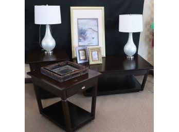 Living Room Table Set Includes Pretty Pearl Toned Tear Drop Lamps, Picture Frames, Trays & Print
