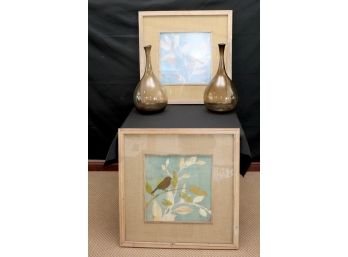 Matted Bird Prints With Burlap Sack Frame Includes 2 Tall Decorative Smoke Tall Glass Chaps Vases