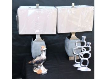 Pair Of Modern Caffaro Table Lamps & Abstract Metal Candlesticks With Ceramic Bird