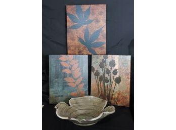 Fall Festive Wall Art Pretty Colors & Large Ceramic Bowl With A Distressed Antique Finish Large