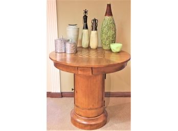 High Top Game Table With Game Board With Storage Cabinet On Base, Includes Assorted Decor