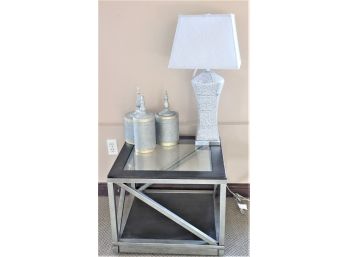 Contemporary Metal/Glass Cube Table With Lamp & Decorative Metal Canisters