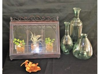Decorative Metal Display Box, Includes 3 Mini Faux Plants With Beaker Bottle Candle Lantern Set