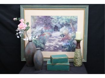 'A Walk In The Garden' In A Distressed Finished Frame, Includes Decorative Vases & Boxes, Assorted Sized