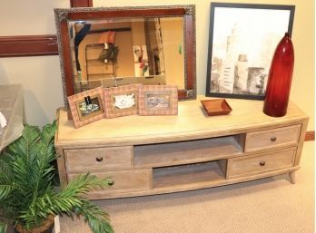 Farm Style Media Console Unit With Self-Closing Drawers, Tall Ox Blood Vase