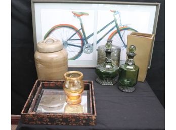 Bicycle Diptych Includes A Large Crackle Finish Crock/Lid, Bottles & Tray Set