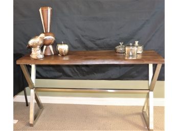 Contemporary Metal & Timber Wood Style Sofa Table In A Polished Stainless-Steel Finish, Decor Included