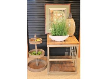 Side Table With Glass Shelves, Framed Art Autumns Bounty Hand Colored By Goldberg & Hanging Basket