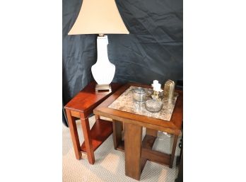 Square Table With A Glass Stipend Like Insert Includes Lamp & Decorative Accessories