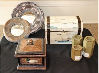 Fun Nautical Sailboat Treasure Box, Duck Box, Wall Mirror & Hexagon Candle Holders